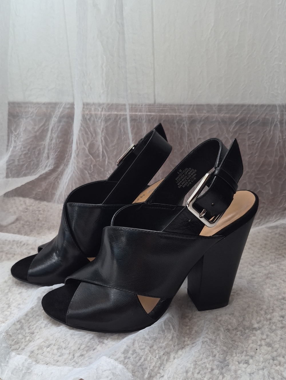 Black Leather Peep-Toe Block Heel Slingback